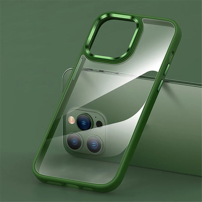 Crystal Clear PC+TPU Case for iPhone 15 Shockproof Slim Phone Cover with Metal Lens Frame - Green - 5