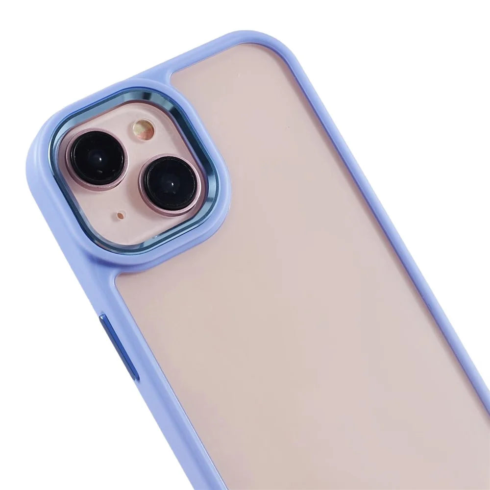 For iPhone 15 TPU+PC Clear Back Case Drop-proof Phone Cover with Metal Button Cover - Lavender Purple - 6