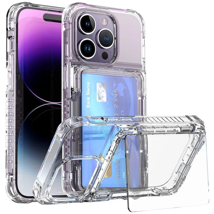 For iPhone 15 Anti-Scratch Phone Cover Clear PC + TPU Phone Case with Kickstand Card Holder - Transparent - 1