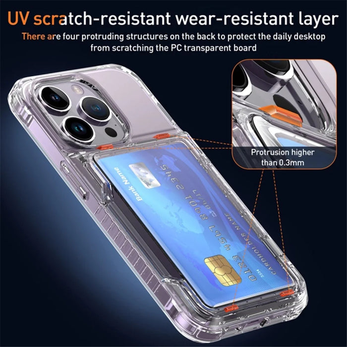 For iPhone 15 Anti-Scratch Phone Cover Clear PC + TPU Phone Case with Kickstand Card Holder - Transparent - 7