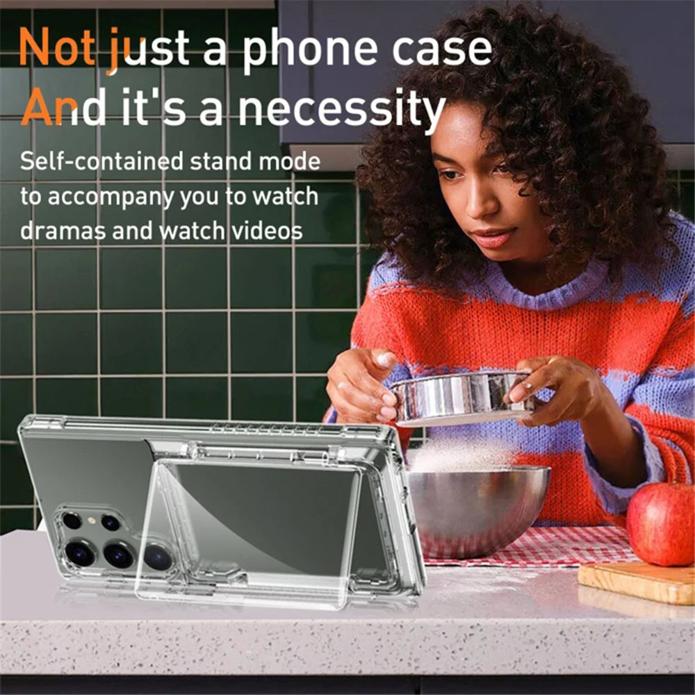 For Samsung Galaxy S23 Ultra Phone Cover Case Clear PC + TPU Phone Shell with Kickstand Card Holder - Transparent Black - 6