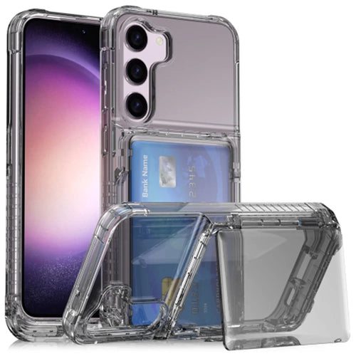 For Samsung Galaxy S23+ Clear PC + TPU Phone Cover Dustproof Mobile Phone Case with Kickstand Card Holder - Transparent Black - 1