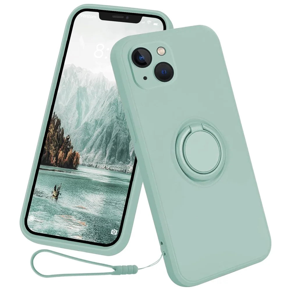 For iPhone 15 Plus Liquid Silicone Back Cover Ring Kickstand Phone Case with Wrist Rope - Cyan - 1