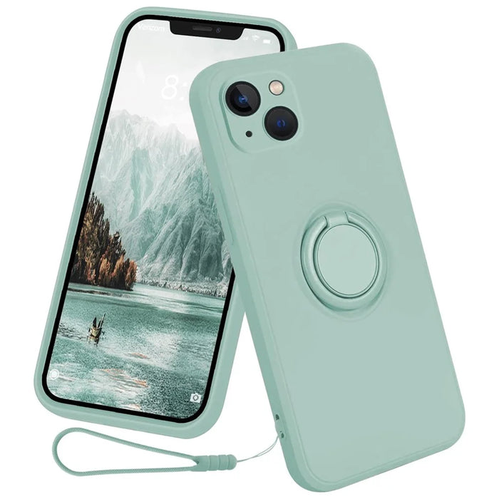 For iPhone 15 Plus Liquid Silicone Back Cover Ring Kickstand Phone Case with Wrist Rope - Cyan - 1