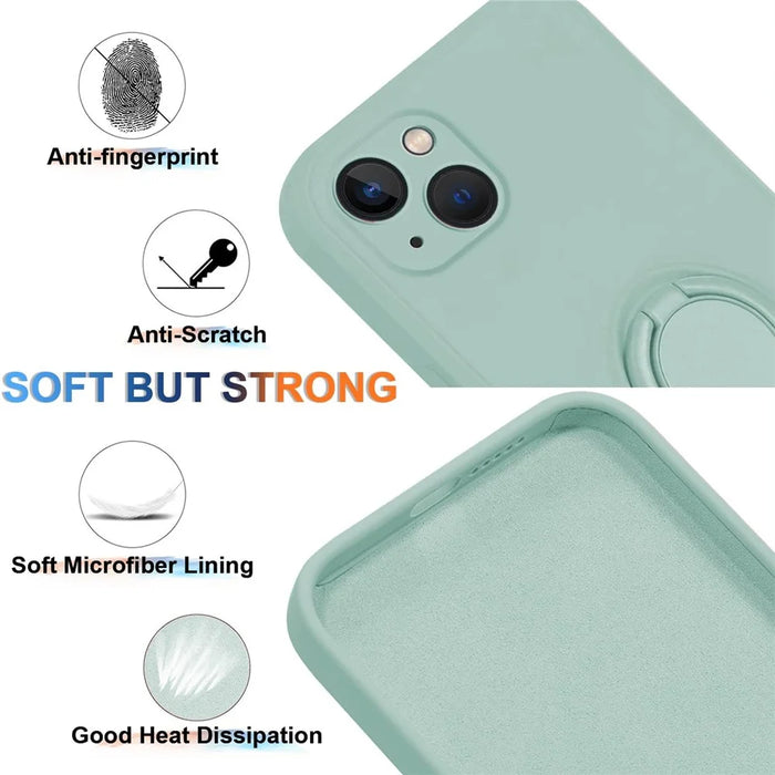 For iPhone 15 Plus Liquid Silicone Back Cover Ring Kickstand Phone Case with Wrist Rope - Cyan - 3
