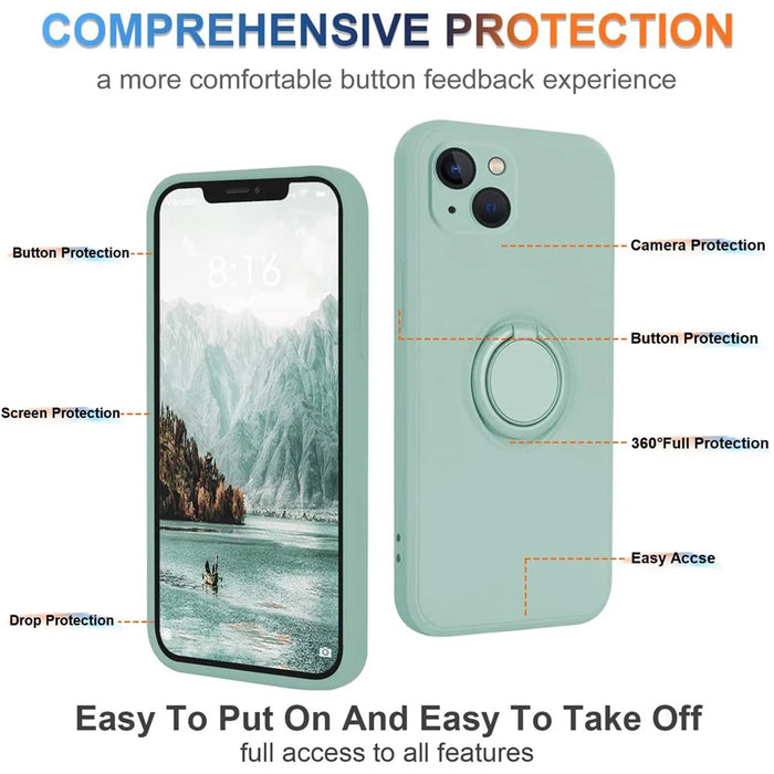 For iPhone 15 Plus Liquid Silicone Back Cover Ring Kickstand Phone Case with Wrist Rope - Cyan - 4
