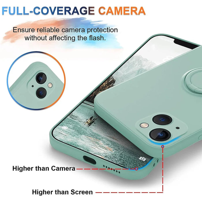 For iPhone 15 Plus Liquid Silicone Back Cover Ring Kickstand Phone Case with Wrist Rope - Cyan - 5