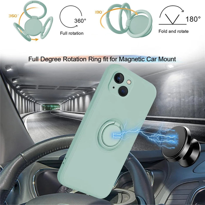 For iPhone 15 Plus Liquid Silicone Back Cover Ring Kickstand Phone Case with Wrist Rope - Cyan - 6