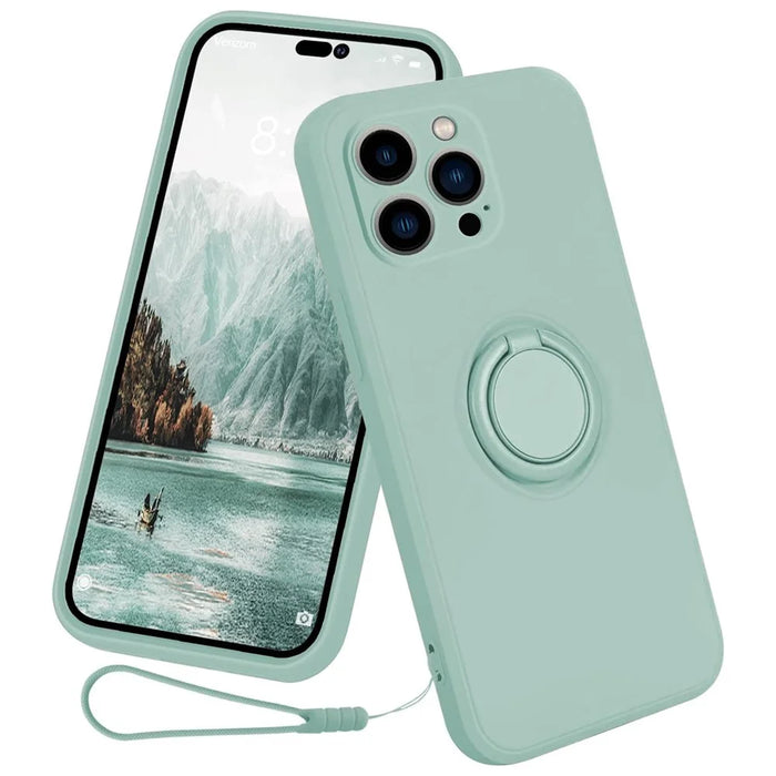 For iPhone 15 Pro Ring Kickstand Case Liquid Silicone Anti-scratch Phone Cover with Wrist Rope - Cyan - 1