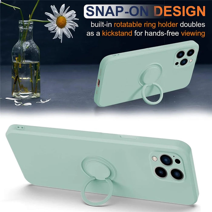 For iPhone 15 Pro Ring Kickstand Case Liquid Silicone Anti-scratch Phone Cover with Wrist Rope - Cyan - 2