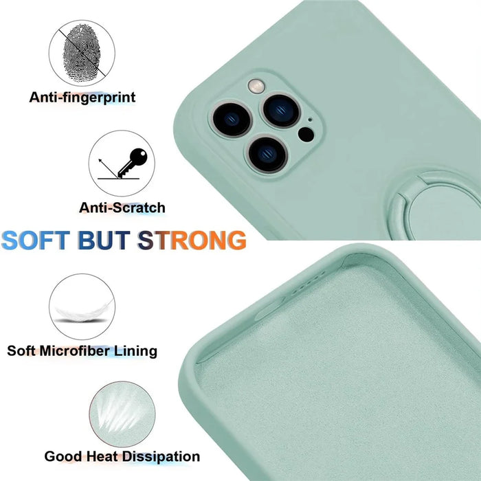 For iPhone 15 Pro Ring Kickstand Case Liquid Silicone Anti-scratch Phone Cover with Wrist Rope - Cyan - 3