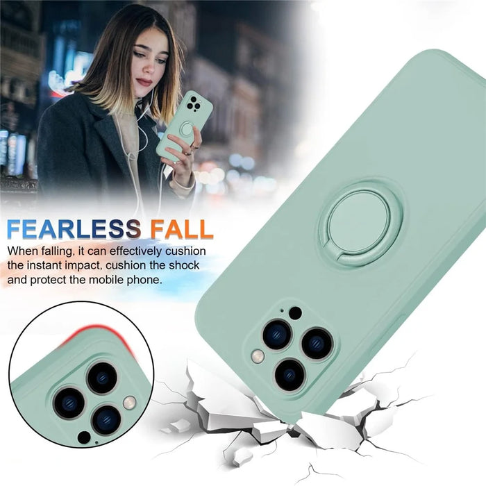 For iPhone 15 Pro Ring Kickstand Case Liquid Silicone Anti-scratch Phone Cover with Wrist Rope - Cyan - 6
