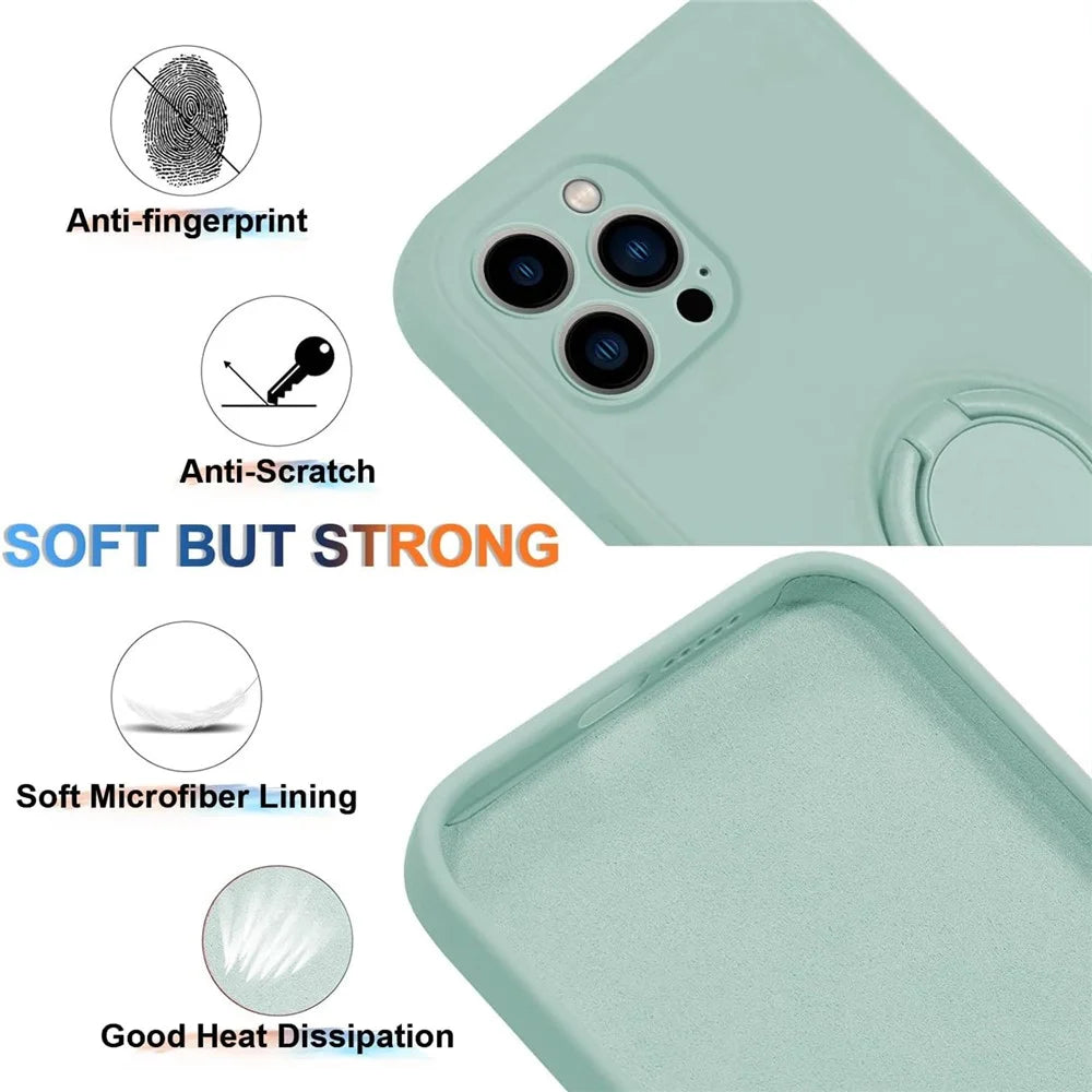 For iPhone 15 Pro Max Ring Kickstand Anti-drop Case Liquid Silicone Phone Cover with Lanyard - Cyan - 3