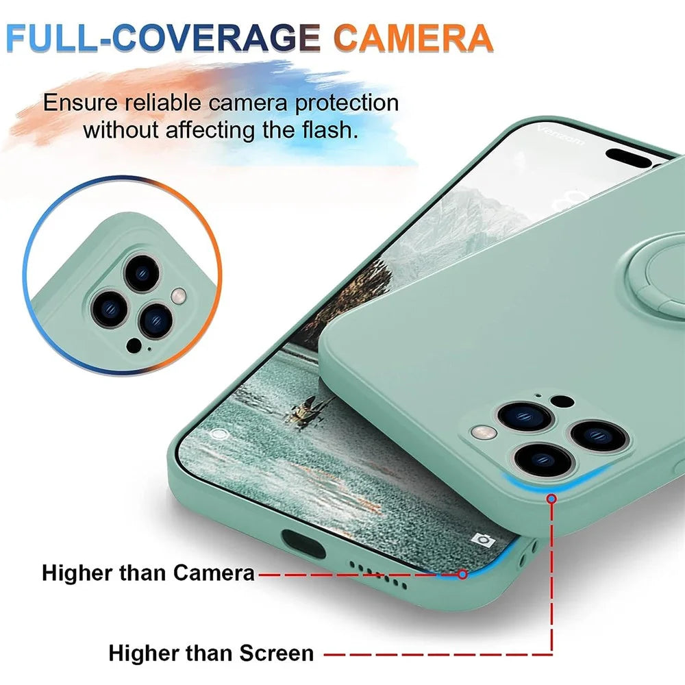 For iPhone 15 Pro Max Ring Kickstand Anti-drop Case Liquid Silicone Phone Cover with Lanyard - Cyan - 4