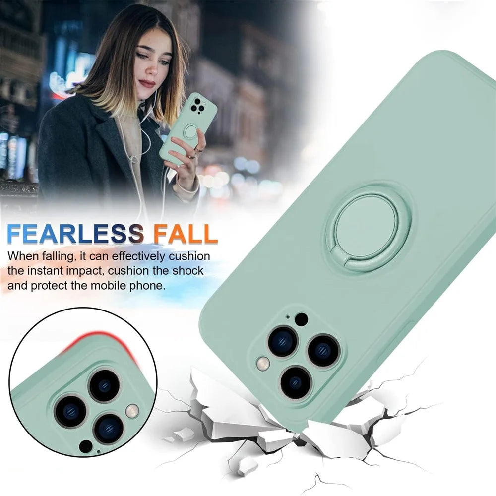 For iPhone 15 Pro Max Ring Kickstand Anti-drop Case Liquid Silicone Phone Cover with Lanyard - Cyan - 6