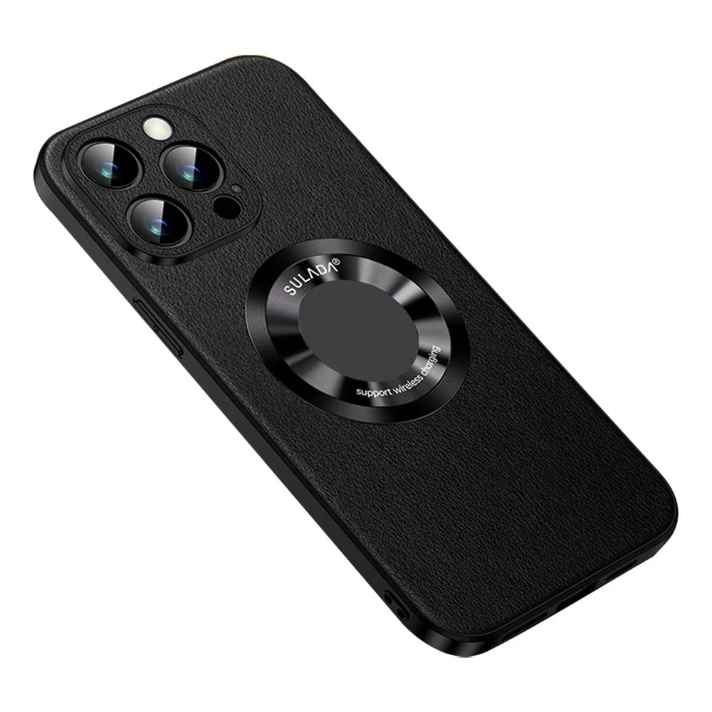 SULADA For iPhone 15 Pro Cowhide Texture Phone Cover PU Leather Coated TPU Case Compatible with MagSafe - Black - 1