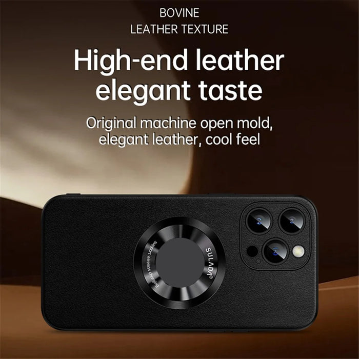 SULADA For iPhone 15 Pro Cowhide Texture Phone Cover PU Leather Coated TPU Case Compatible with MagSafe - Black - 3