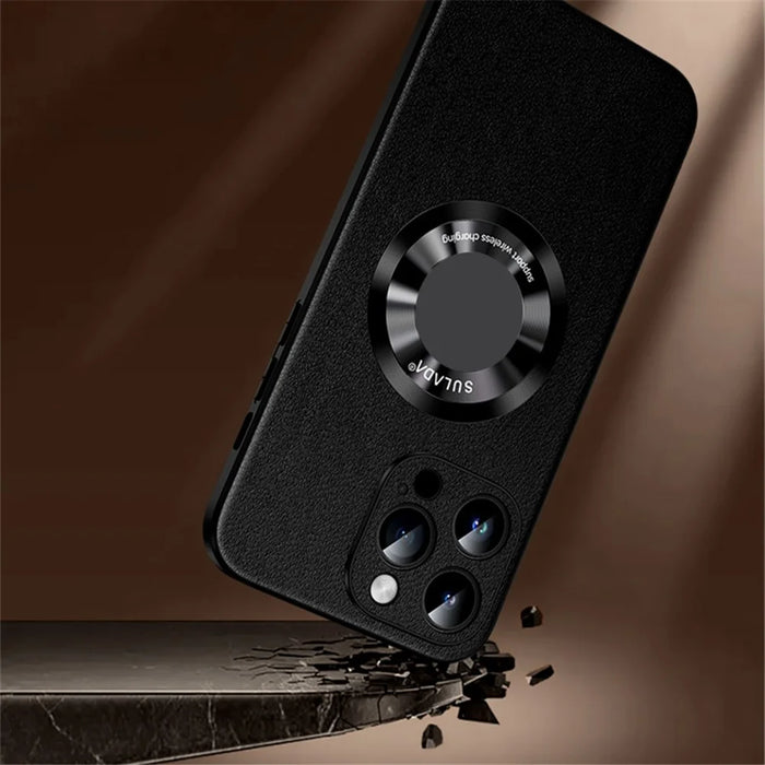 SULADA For iPhone 15 Pro Cowhide Texture Phone Cover PU Leather Coated TPU Case Compatible with MagSafe - Black - 6