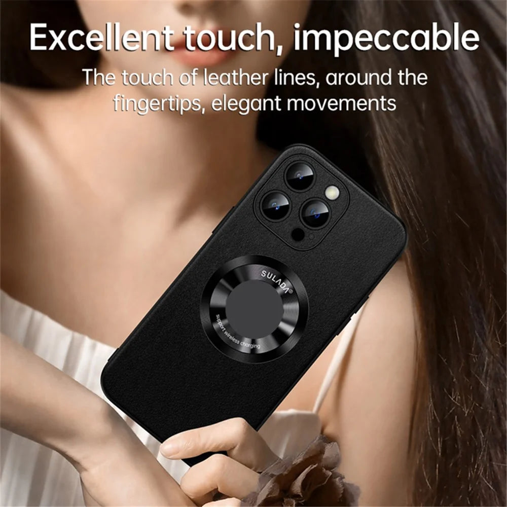 SULADA For iPhone 15 Pro Max Cowhide Texture Anti-scratch Cover PU Leather+TPU Phone Case Compatible with MagSafe - Black - 4