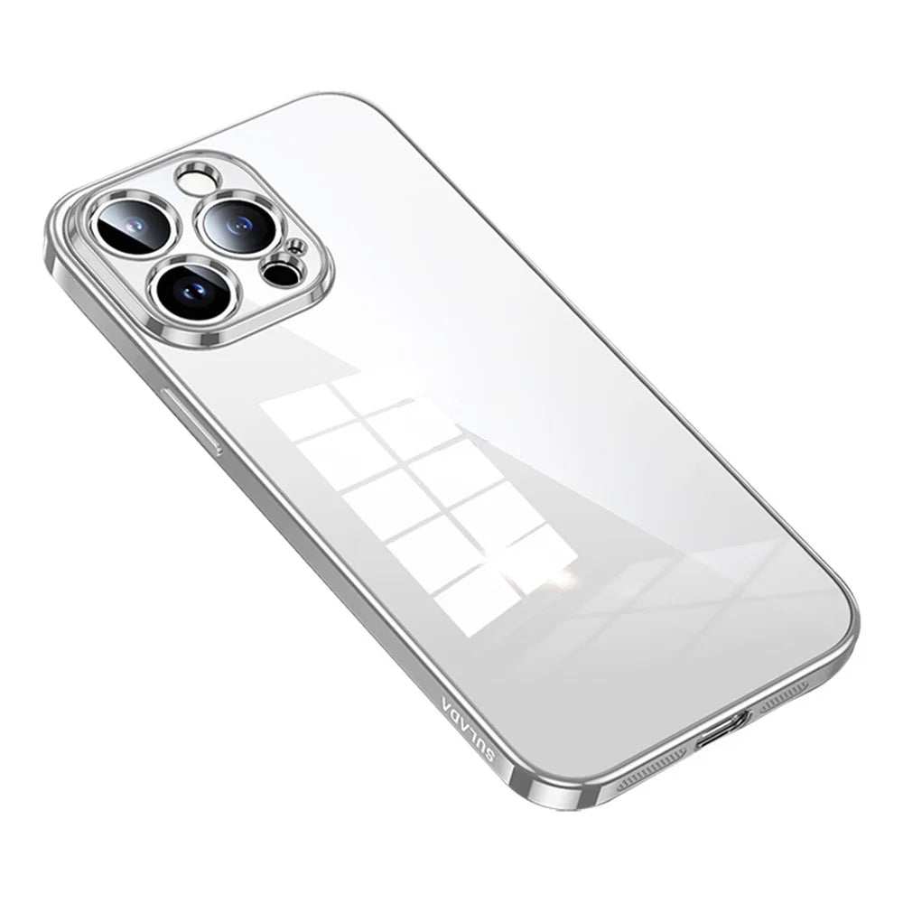 SULADA For iPhone 15 Pro Max Scratch Proof Electroplating Straight Edge Clear Phone Case TPU Cover - Silver - 1