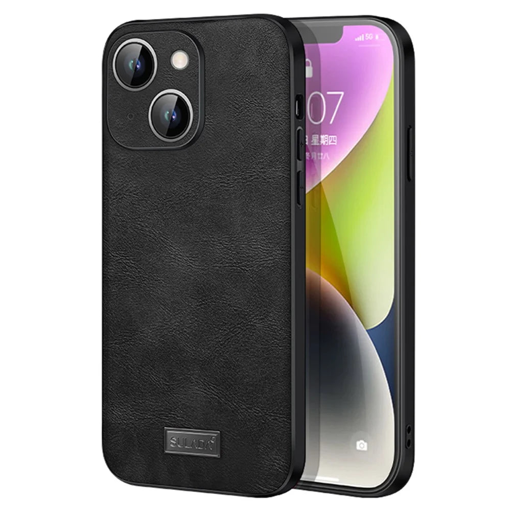SULADA For iPhone 15 PU Leather Coated TPU+PC Phone Cover Drop Protection Back Case - Black - 1