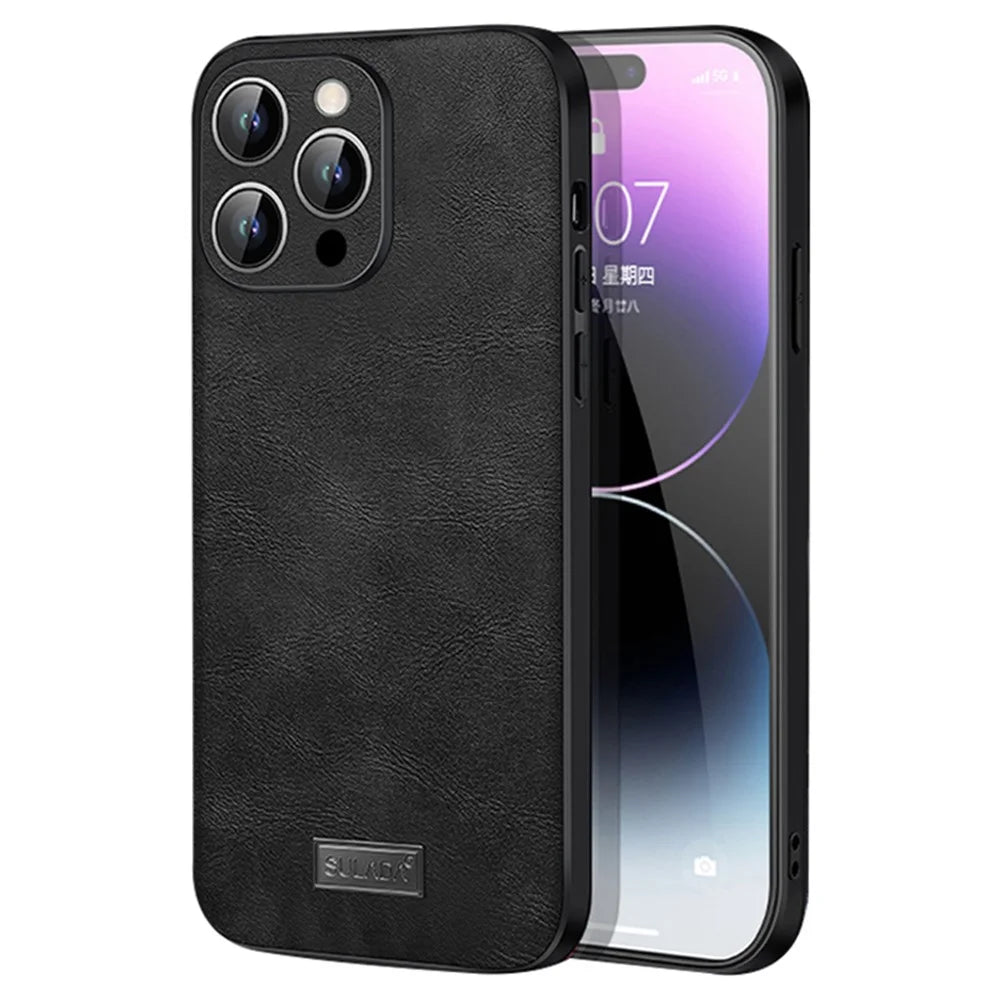 SULADA For iPhone 15 Pro PU Leather+TPU+PC Phone Case Cowhide Texture Drop-proof Cover - Black - 1