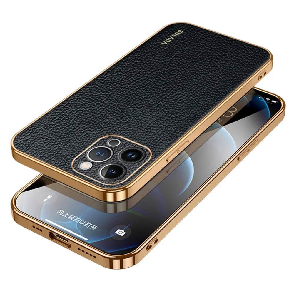 SULADA For iPhone 15 Pro Max Electroplating Cover Litchi Texture PU Leather Coated PC+TPU Phone Case - Black - 1