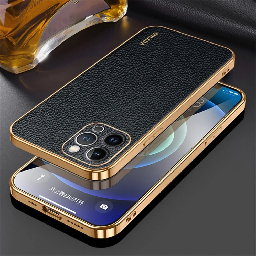SULADA For iPhone 15 Pro Max Electroplating Cover Litchi Texture PU Leather Coated PC+TPU Phone Case - Black - 2