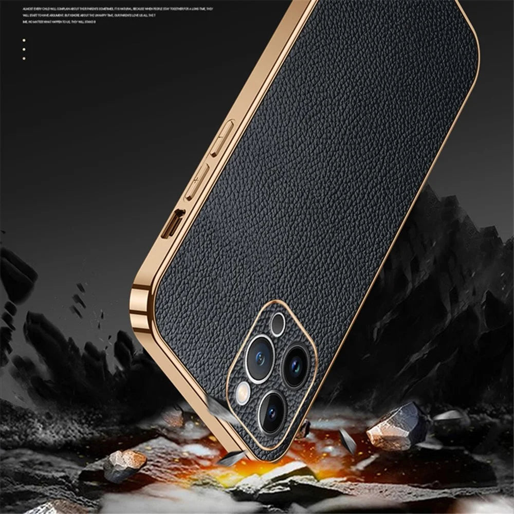 SULADA For iPhone 15 Pro Max Electroplating Cover Litchi Texture PU Leather Coated PC+TPU Phone Case - Black - 3