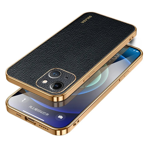 SULADA For iPhone 15 Litchi Texture Electroplating Cover PU Leather+PC+TPU Anti-drop Phone Case - Black - 1