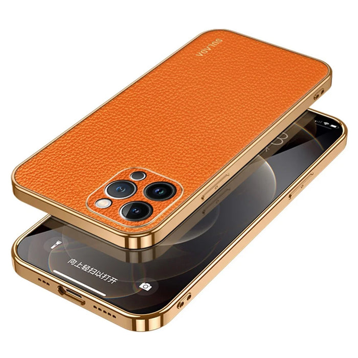 SULADA For iPhone 15 Pro Litchi Texture PU Leather Coated PC+TPU Phone Case Electroplated Back Cover - Orange - 1