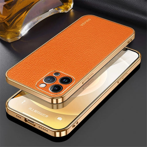 SULADA For iPhone 15 Pro Litchi Texture PU Leather Coated PC+TPU Phone Case Electroplated Back Cover - Orange - 2