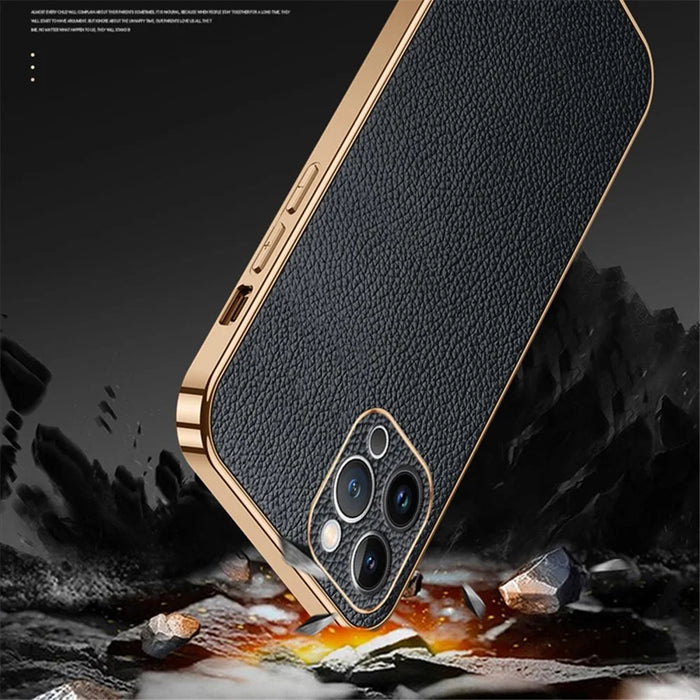 SULADA For iPhone 15 Pro Litchi Texture PU Leather Coated PC+TPU Phone Case Electroplated Back Cover - Orange - 3
