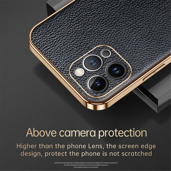 SULADA For iPhone 15 Pro Litchi Texture PU Leather Coated PC+TPU Phone Case Electroplated Back Cover - Orange - 5
