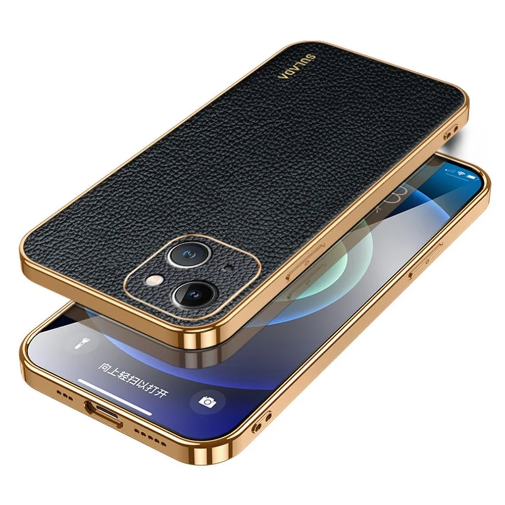 SULADA For iPhone 15 Plus Electroplated Anti-scratch Cover Litchi Texture PU Leather+PC+TPU Phone Case - Black - 1