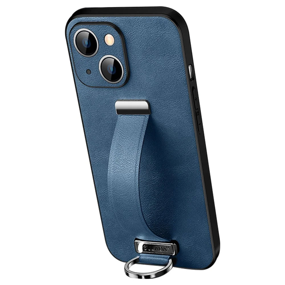SULADA Fashion Series for iPhone 15 Crazy Horse Texture PC+PC+TPU Phone Case with Strap Kickstand - Blue - 1