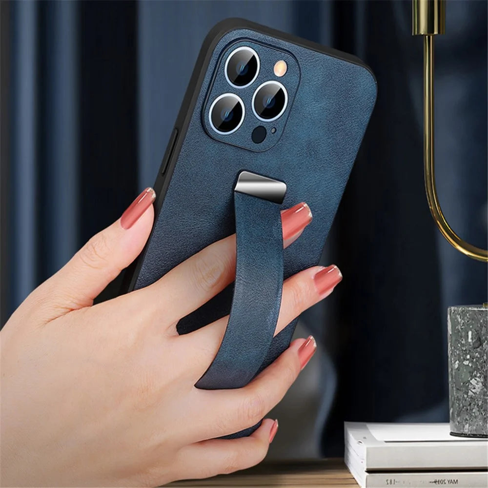 SULADA Fashion Series for iPhone 15 Pro Max Case Crazy Horse Texture PU+PC+TPU Phone Shell with Strap Kickstand - Blue - 3