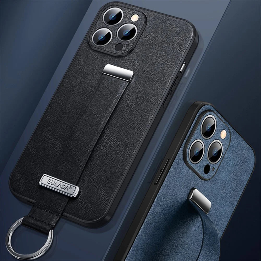 SULADA Fashion Series for iPhone 15 Pro Max Case Crazy Horse Texture PU+PC+TPU Phone Shell with Strap Kickstand - Blue - 4