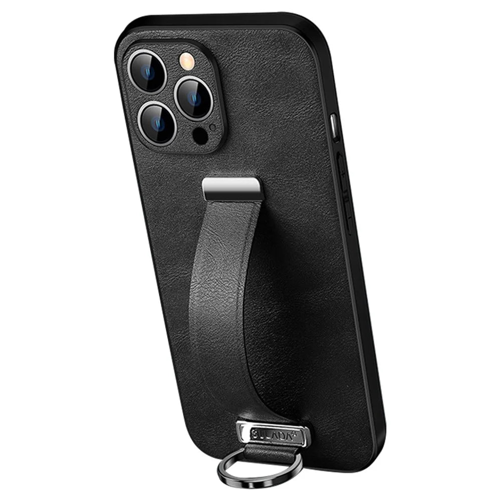 SULADA Fashion Series Crazy Horse Texture PU+PC+TPU Case for iPhone 15 Pro Shockproof Cover with Strap Kickstand - Black - 1