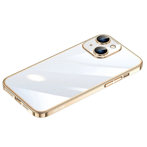 SULADA JINGJIA Series Hard PC Electroplating Case for iPhone 15 Plus Crystal Clear Phone Cover with Tempered Glass Lens Film - Gold - 1