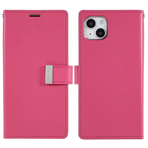 MERCURY GOOSPERY For iPhone 15 Plus Wallet Leather Phone Case Metal Magnetic Clasp Phone Cover - Rose - 1