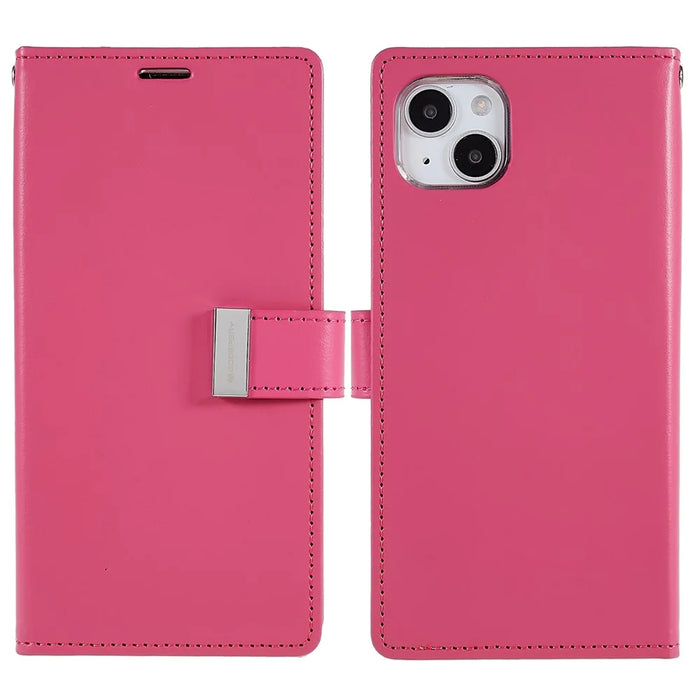 MERCURY GOOSPERY For iPhone 15 Plus Wallet Leather Phone Case Metal Magnetic Clasp Phone Cover - Rose - 1