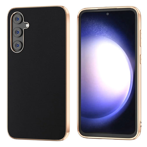 For Samsung Galaxy S23 FE Nano Electroplating Phone Case Silky Cowhide Leather Coated TPU+PC Cover - Black - 1