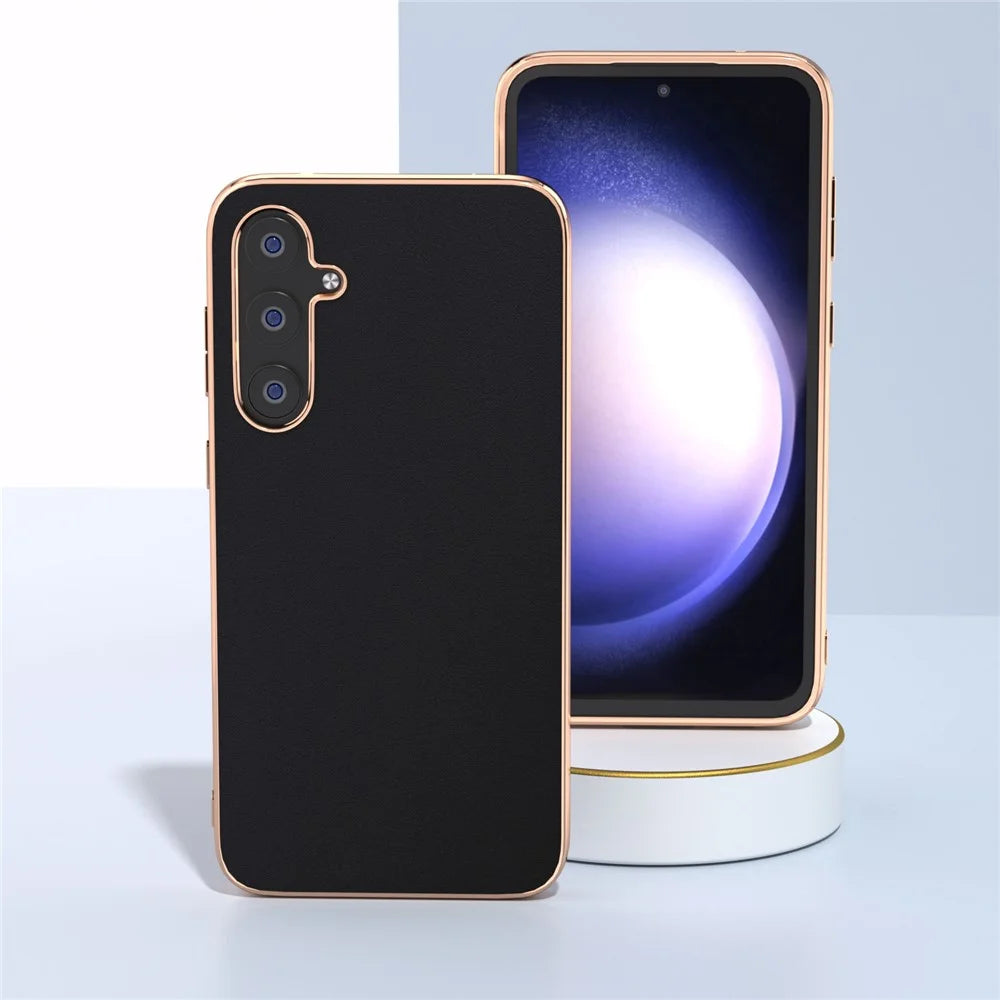 For Samsung Galaxy S23 FE Nano Electroplating Phone Case Silky Cowhide Leather Coated TPU+PC Cover - Black - 2