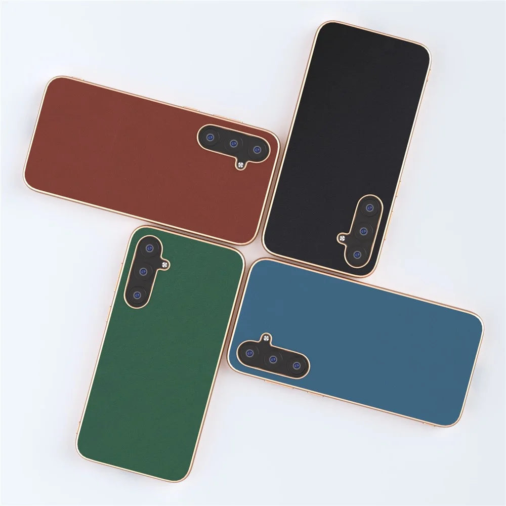 For Samsung Galaxy S23 FE Nano Electroplating Phone Case Silky Cowhide Leather Coated TPU+PC Cover - Black - 5