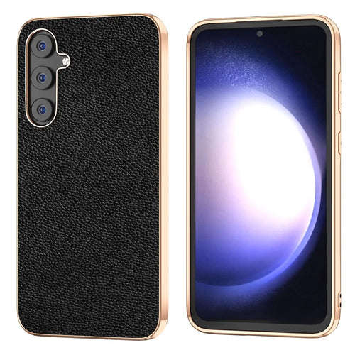 For Samsung Galaxy S23 FE Litchi Texture Phone Case Nano Electroplating Cowhide Leather Coated TPU+PC Cover - Black - 1
