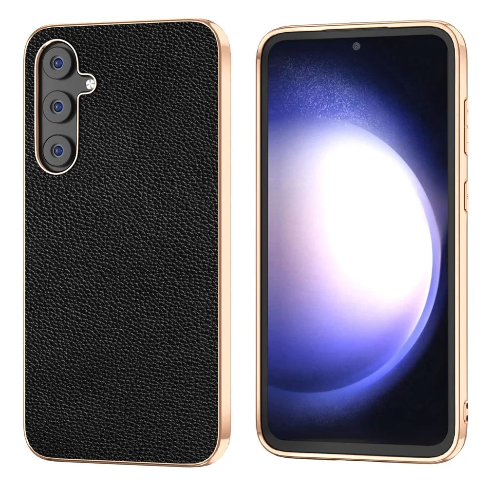 For Samsung Galaxy S23 FE Litchi Texture Phone Case Nano Electroplating Cowhide Leather Coated TPU+PC Cover - Black - 1