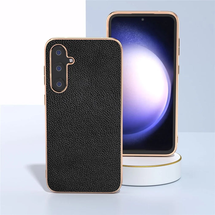 For Samsung Galaxy S23 FE Litchi Texture Phone Case Nano Electroplating Cowhide Leather Coated TPU+PC Cover - Black - 2