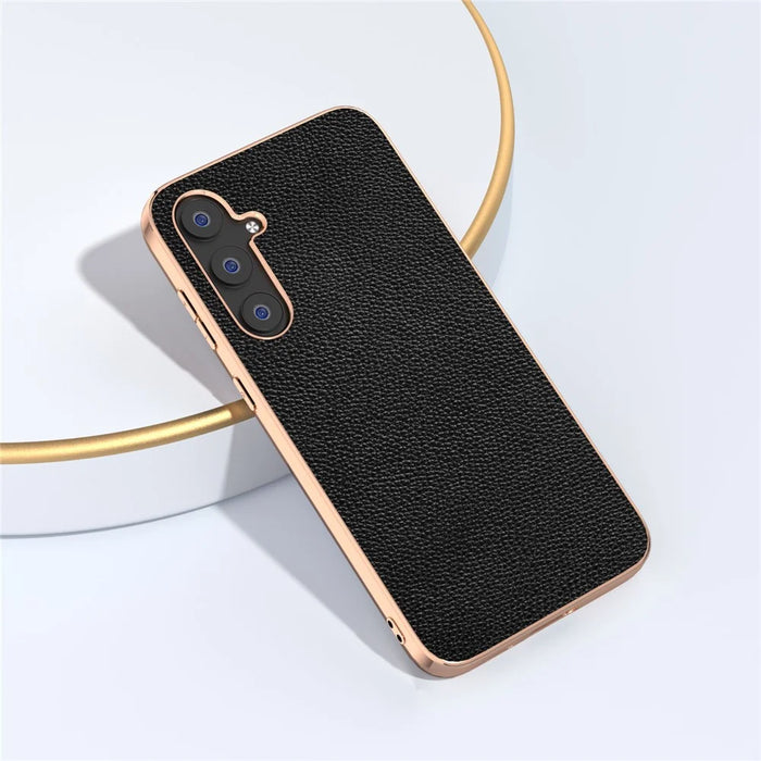 For Samsung Galaxy S23 FE Litchi Texture Phone Case Nano Electroplating Cowhide Leather Coated TPU+PC Cover - Black - 3