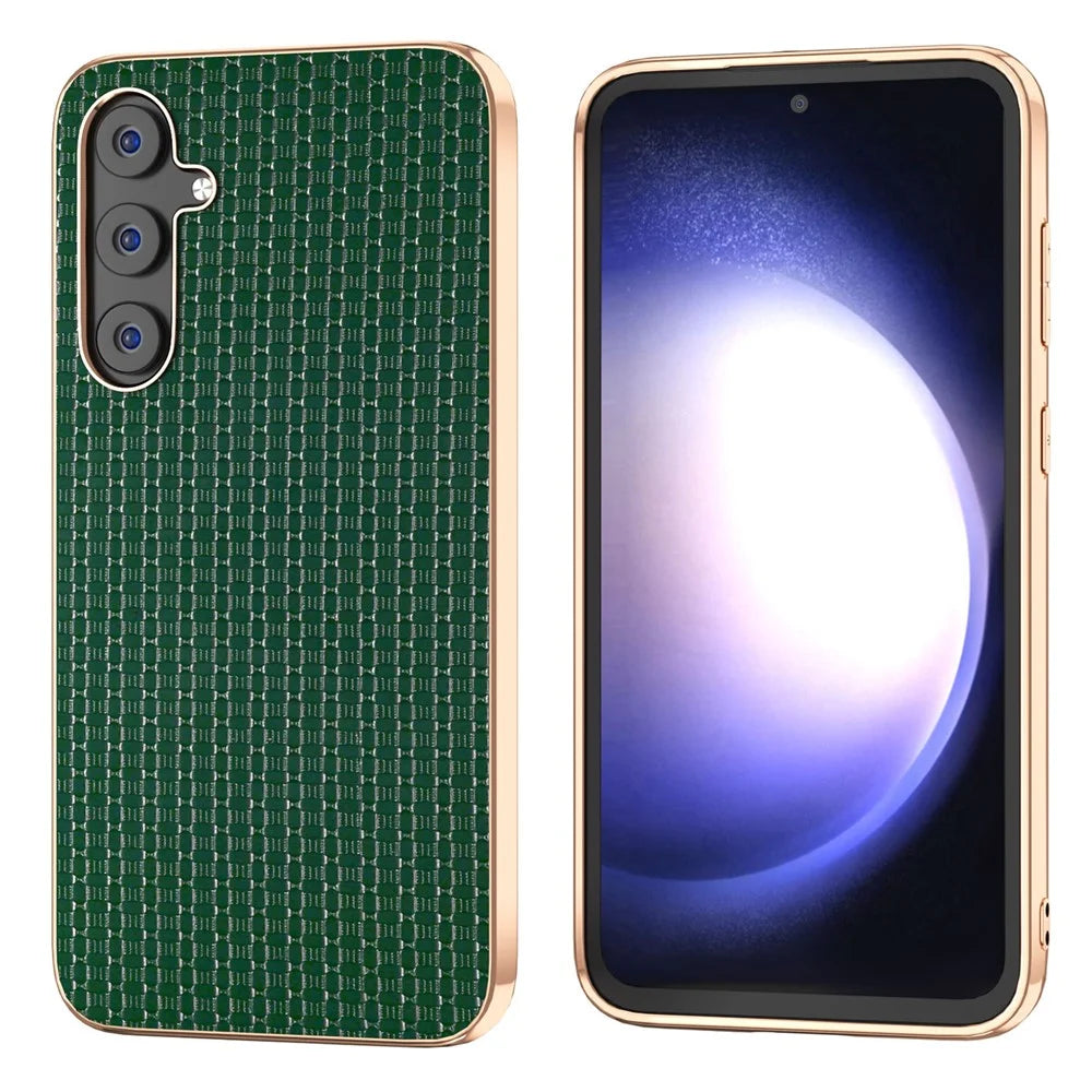 For Samsung Galaxy S23 FE Nano Electroplating Phone Case Textured Cowhide Leather Coated TPU+PC Cover - Green - 1